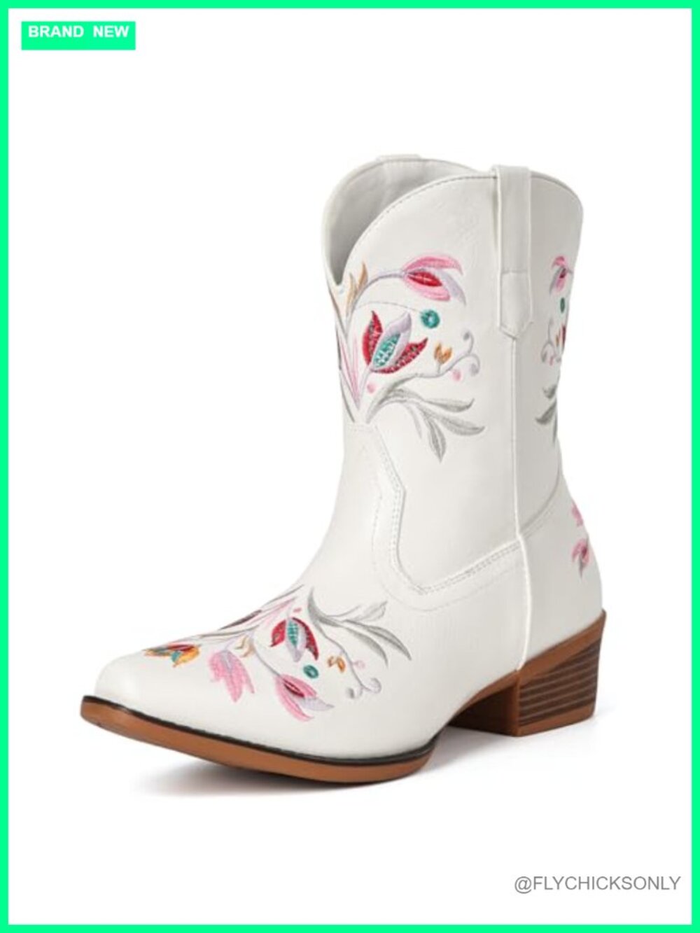 Faux Leather Western Ankle Boots Snip Toe Block Heel Embroidered